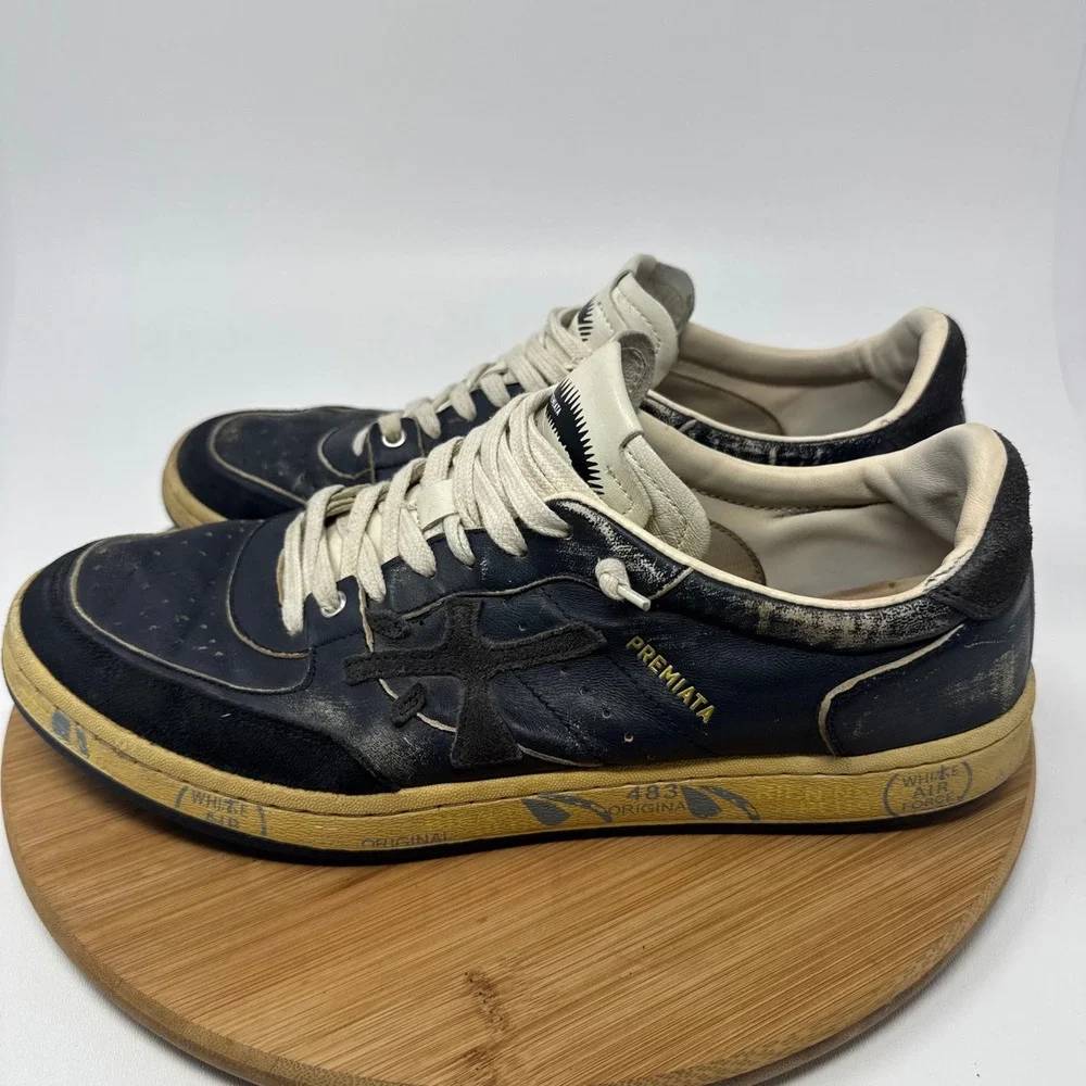 Premiata Clay 6907 Navy Leather Distressed Sneakers Mens Sz 45/12 Low Top Shoes